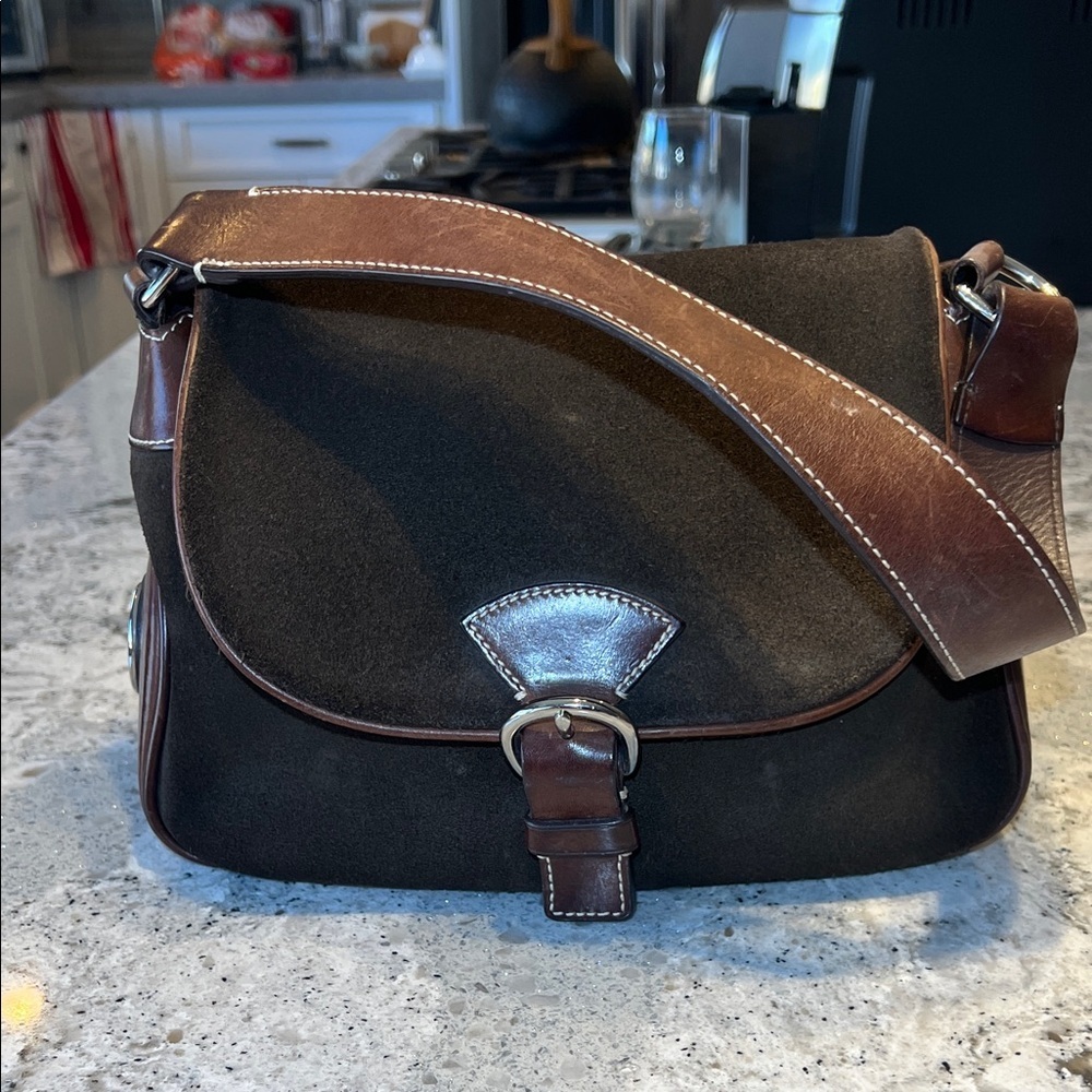 Vintage Dooney & Bourke Brown Suede & Leather Flap Crossbody Bag EUC
